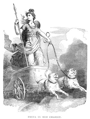 Nordische Göttin Freya in ihrer Kutsche