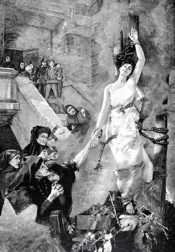 Hexenverfolgung: Illustration einer Frau, die an einen Pfahl gefesselt ist, um verbrannt zu werden